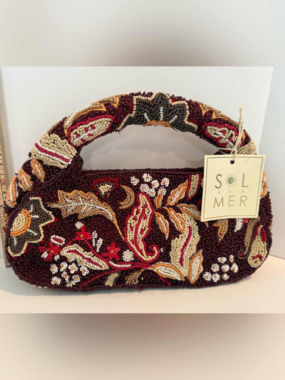 * Beaded Floral Handle Baguette-style Bag in Burgundy and Cream
